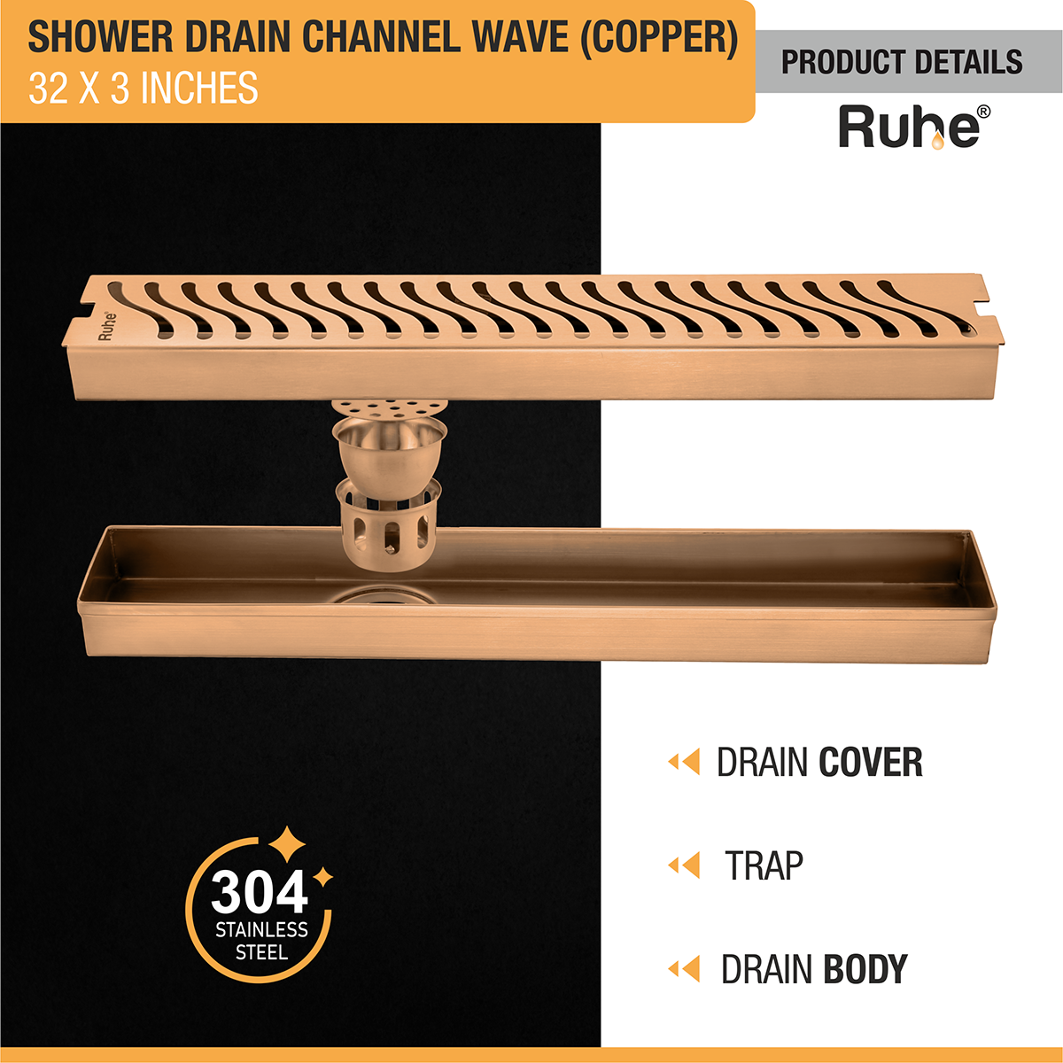 Wave Shower Drain Channel (32 x 3 Inches) ROSE GOLD PVD Coated - by Ruhe®