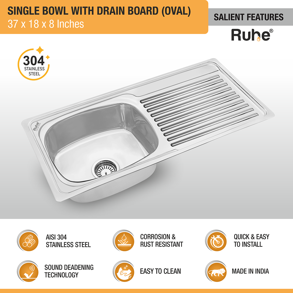 Oval Single Bowl (37 x 18 x 8 inches) 304-Grade Stainless Steel Kitchen Sink with Drainboard features and benefits