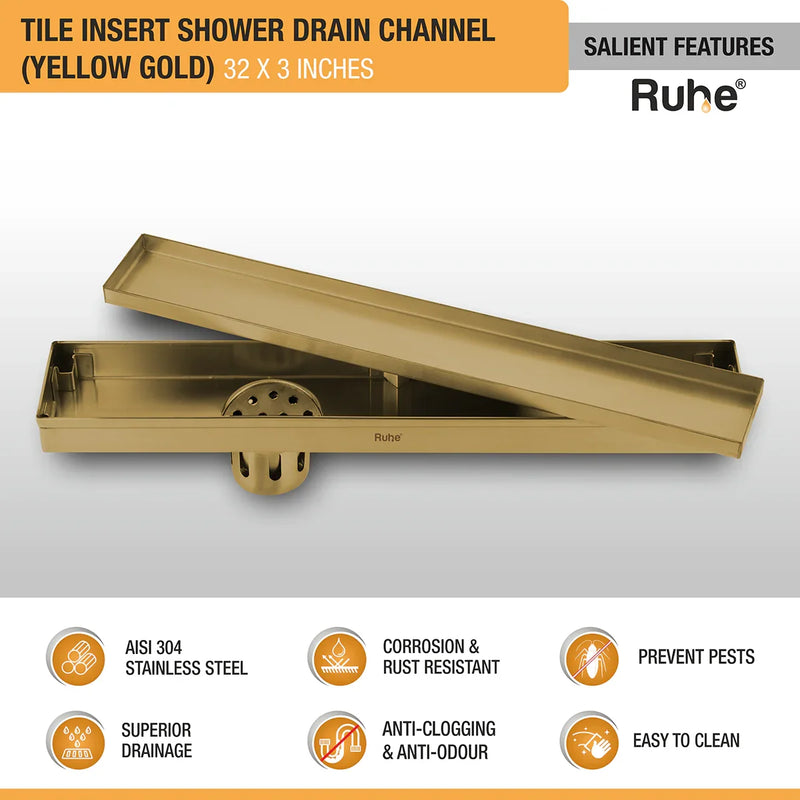 Tile Insert Shower Drain Channel (32 x 3 Inches) YELLOW GOLD PVD Coated - by Ruhe