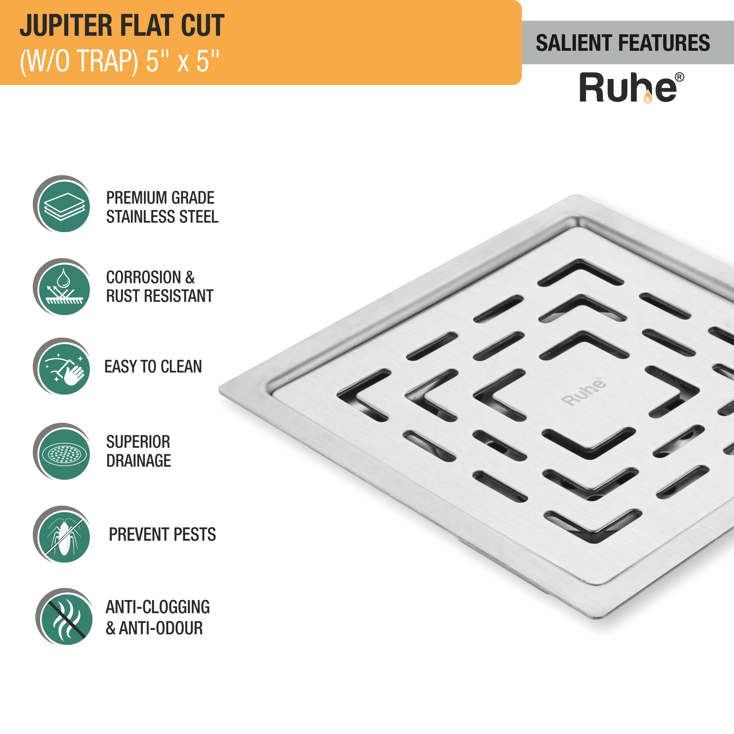 Jupiter Square Premium Flat Cut Floor Drain (5 x 5 Inches) features