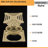 Opal Square Flat Cut Floor Drain in Yellow Gold PVD Coating (6 x 6 Inches) product details