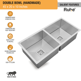 Handmade Double Bowl Premium Kitchen Sink (45 x 20 x 10 Inches) features