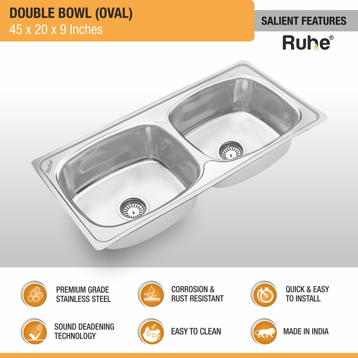 Oval Double Bowl Premium Stainless Steel (45 x 20 x 9 inches) Kitchen Sink features and benefits