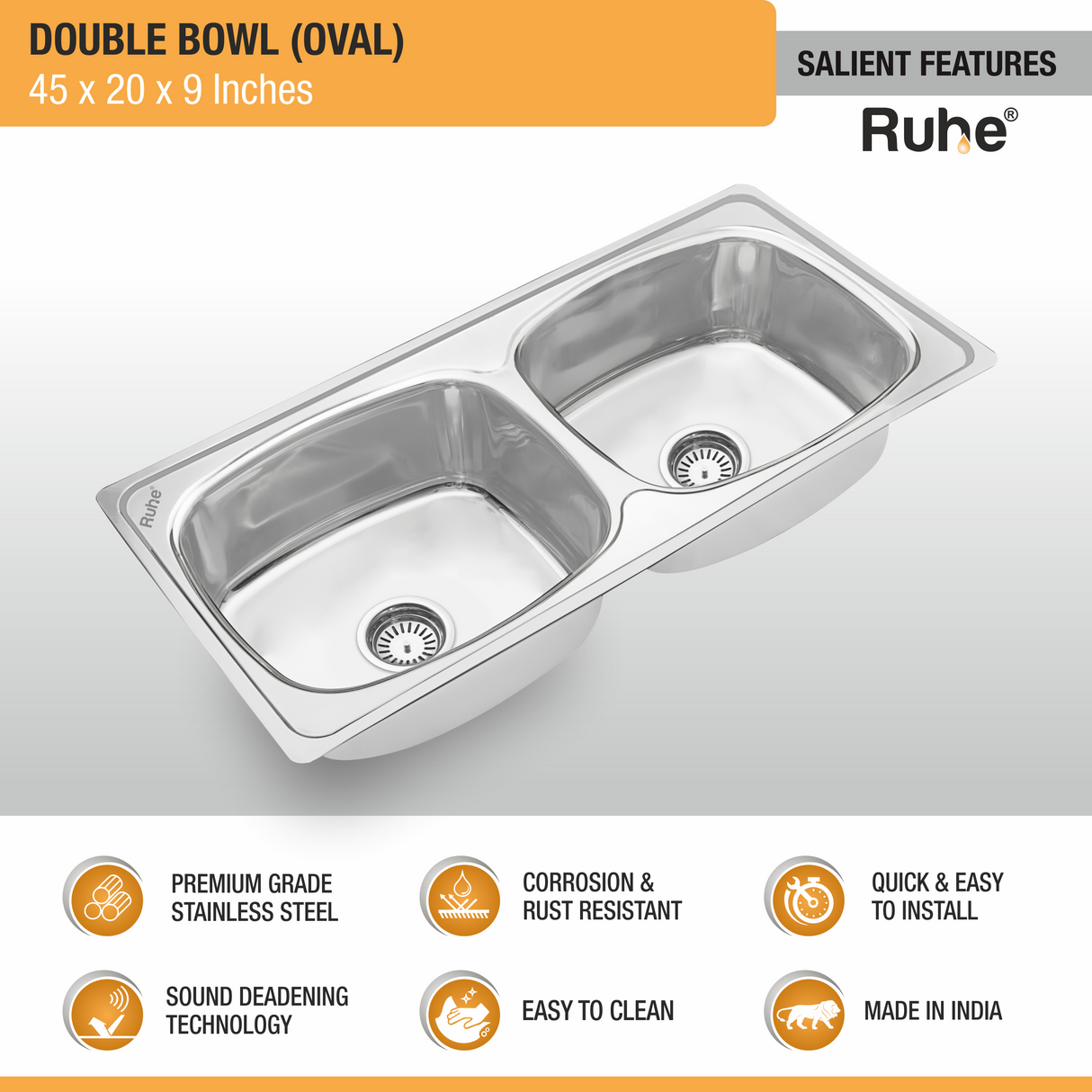 Oval Double Bowl (45 x 20 x 9 inches) Kitchen Sink - by Ruhe