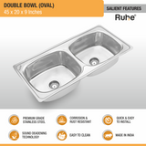 Oval Double Bowl Premium Stainless Steel (45 x 20 x 9 inches) Kitchen Sink features and benefits