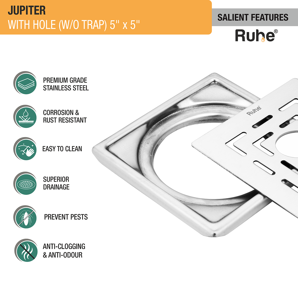 Jupiter Square Premium Floor Drain (5 x 5 Inches) with Hole - by Ruhe®