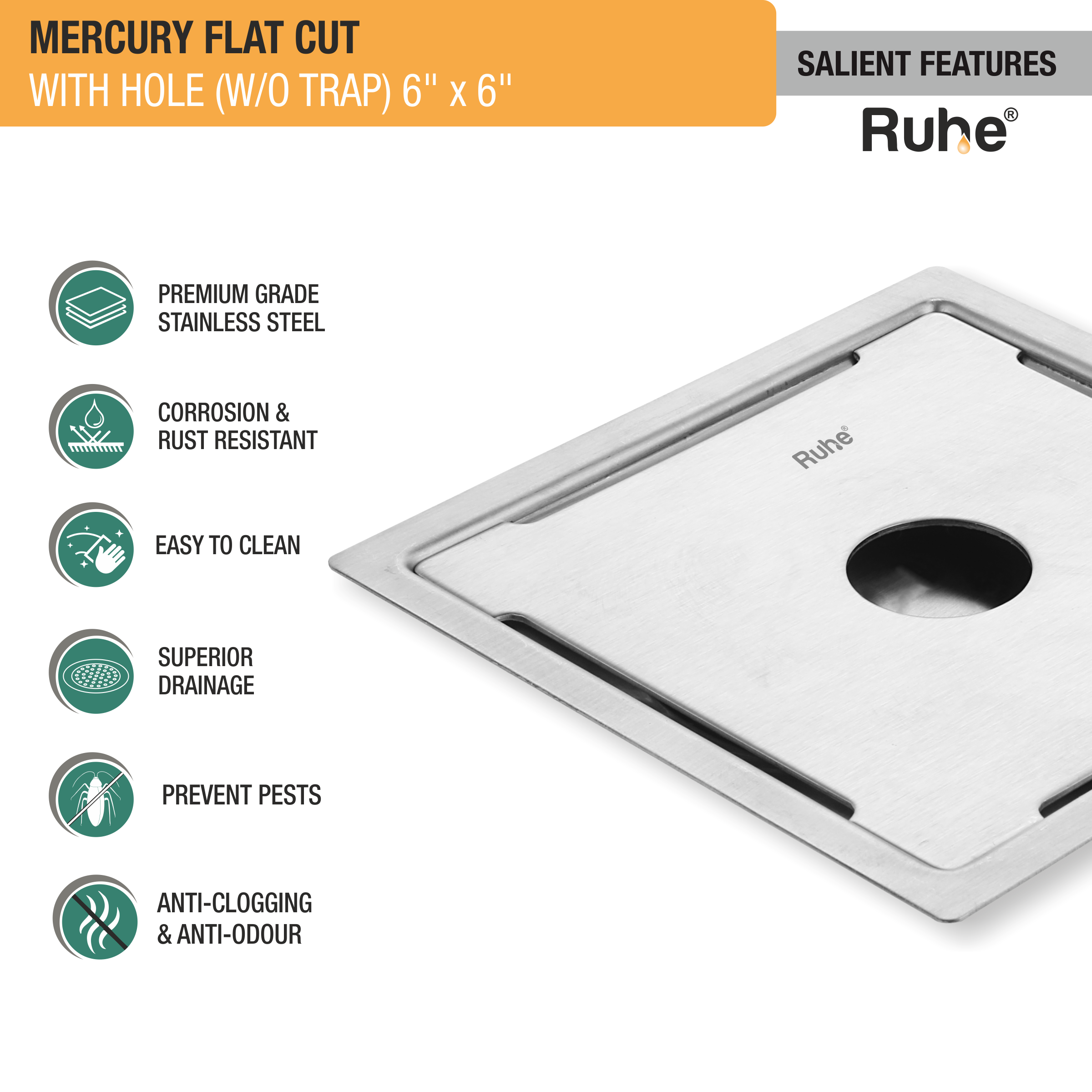 Mercury Square Premium Flat Cut Floor Drain (6 x 6 Inches) with Hole features
