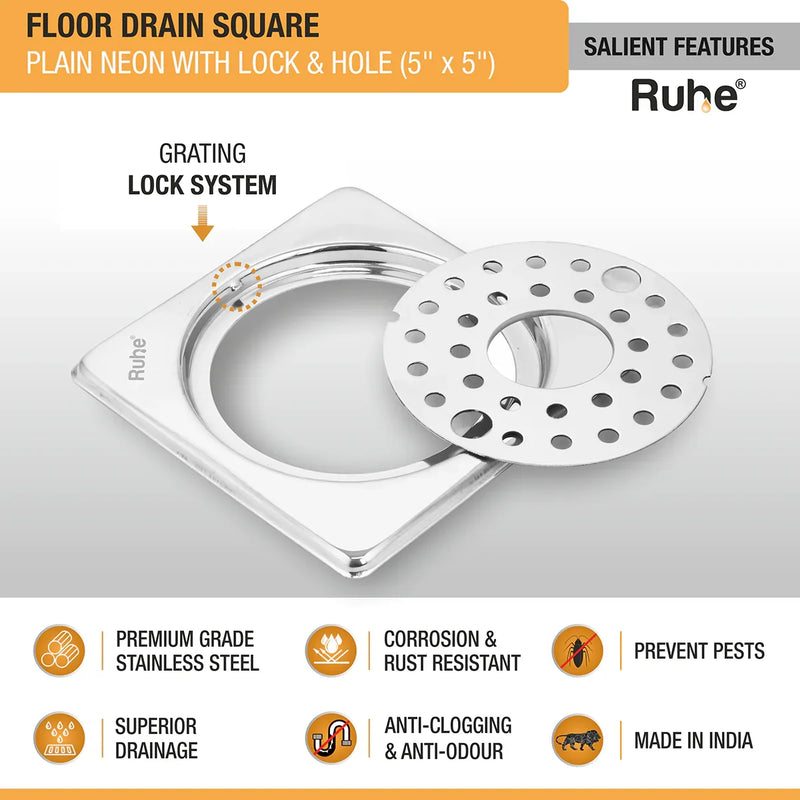 Plain Neon with Collar Square Floor Drain (5 x 5 inches) with Lock and Hole - by Ruhe
