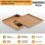 Marble Insert Shower Drain Channel (12 x 12 Inches) ROSE GOLD/ ANTIQUE COPPER features