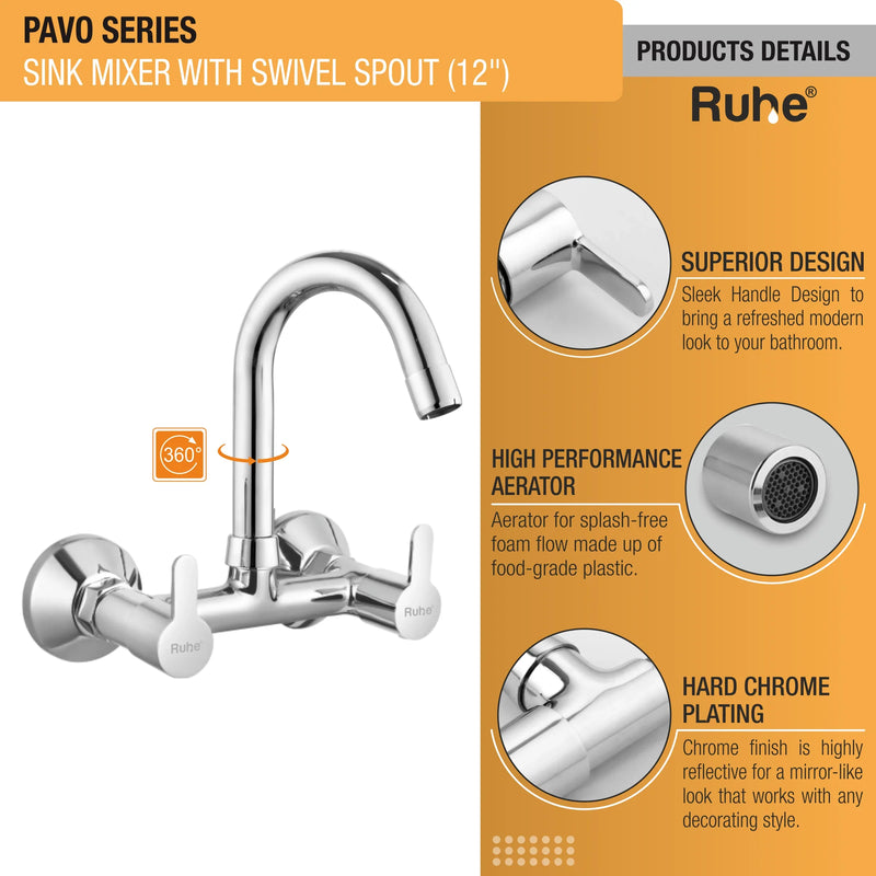 Pavo Wall Mount Kitchen Sink Mixer Tap with Swivel Spout