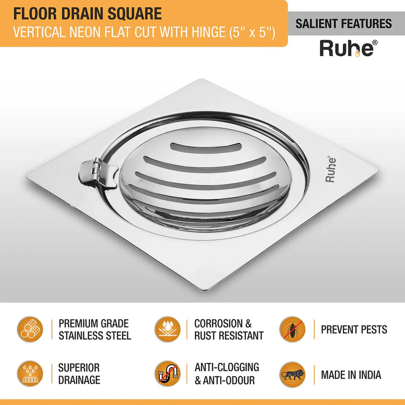 Vertical Neon Square Flat Cut Floor Drain (5 x 5 inches) with Hinged Grating Top- by Ruhe
