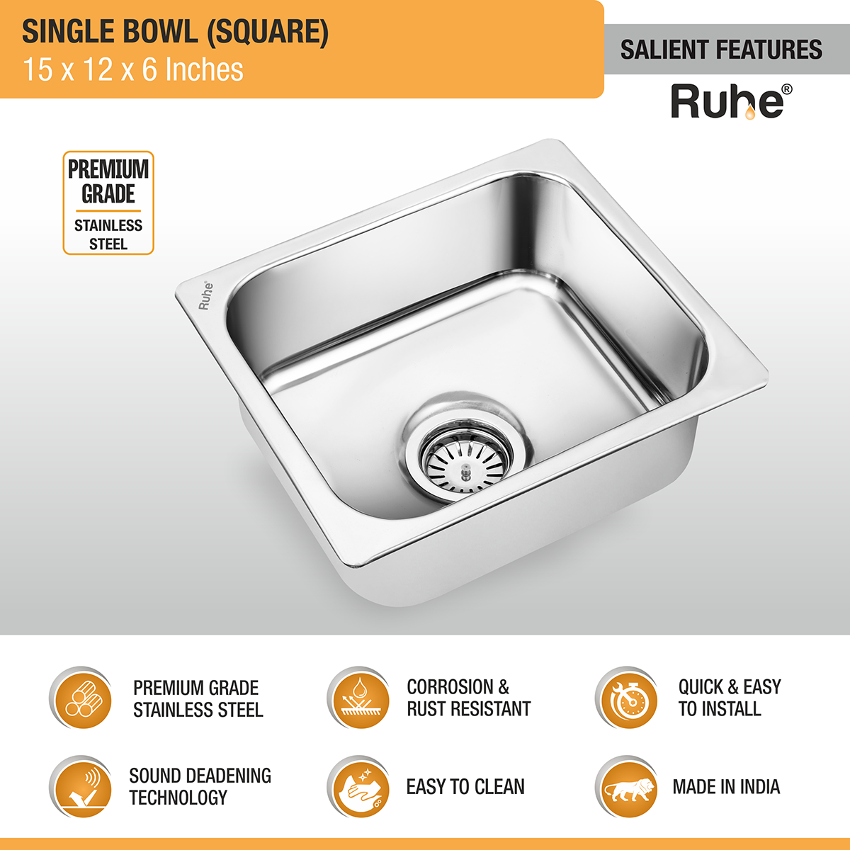 Square Single Bowl Kitchen Sink (15 x 12 x 6 inches) features and benefits