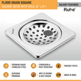 Neon Square Floor Drain with Hole (6 x 6 Inches) features