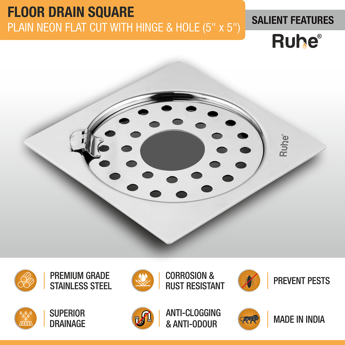 Plain Neon Square Flat Cut Floor Drain (5 x 5 inches) with Hinged Grating Top and Hole - by Ruhe®