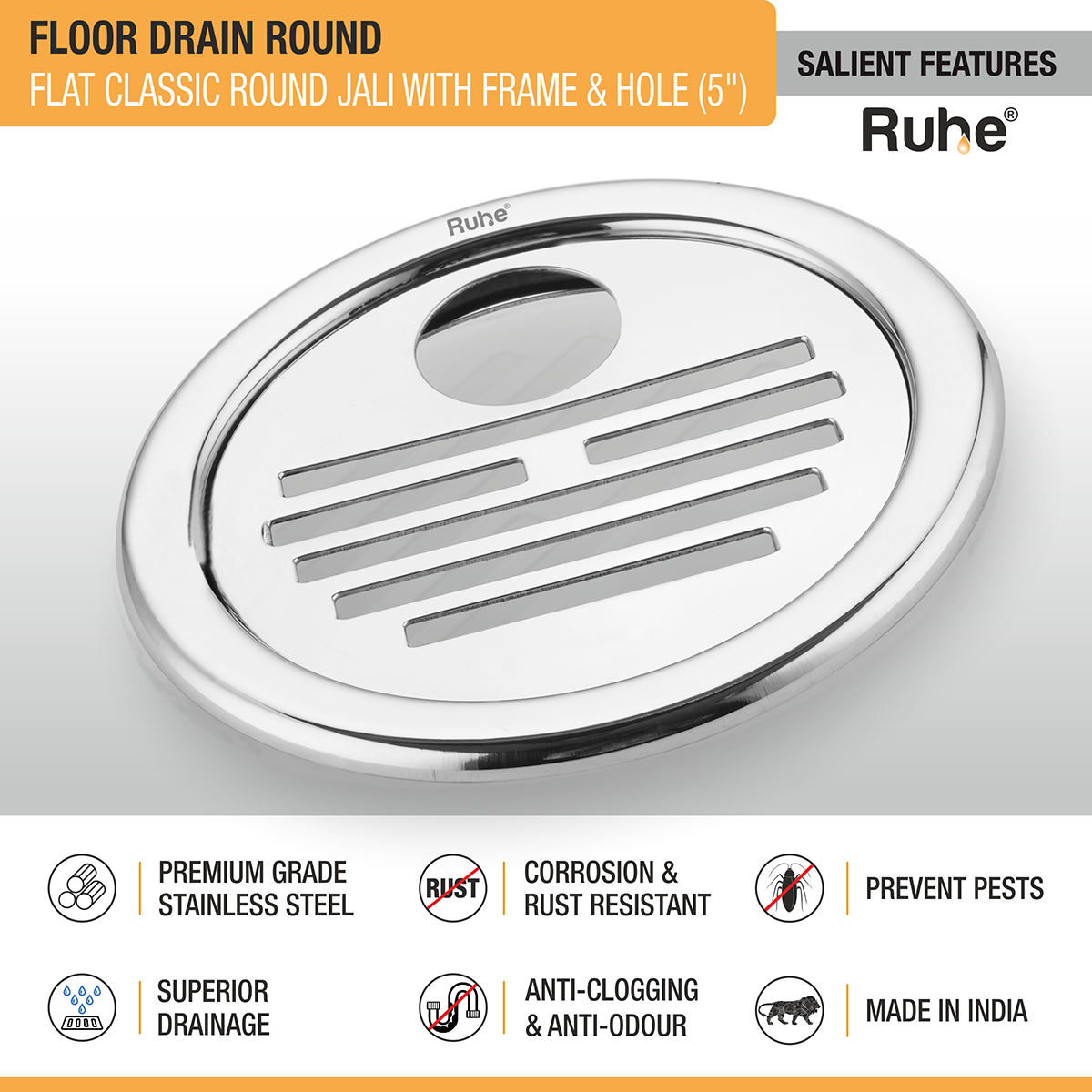 Flat Classic Round Jali Floor Drain (5 inches) with Frame and Hole (Pack of 2) - by Ruhe®