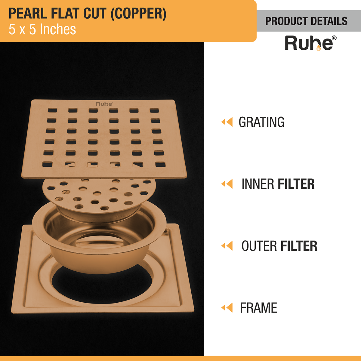 Pearl Square Flat Cut Floor Drain in Antique Copper PVD Coating (5 x 5 Inches) product details