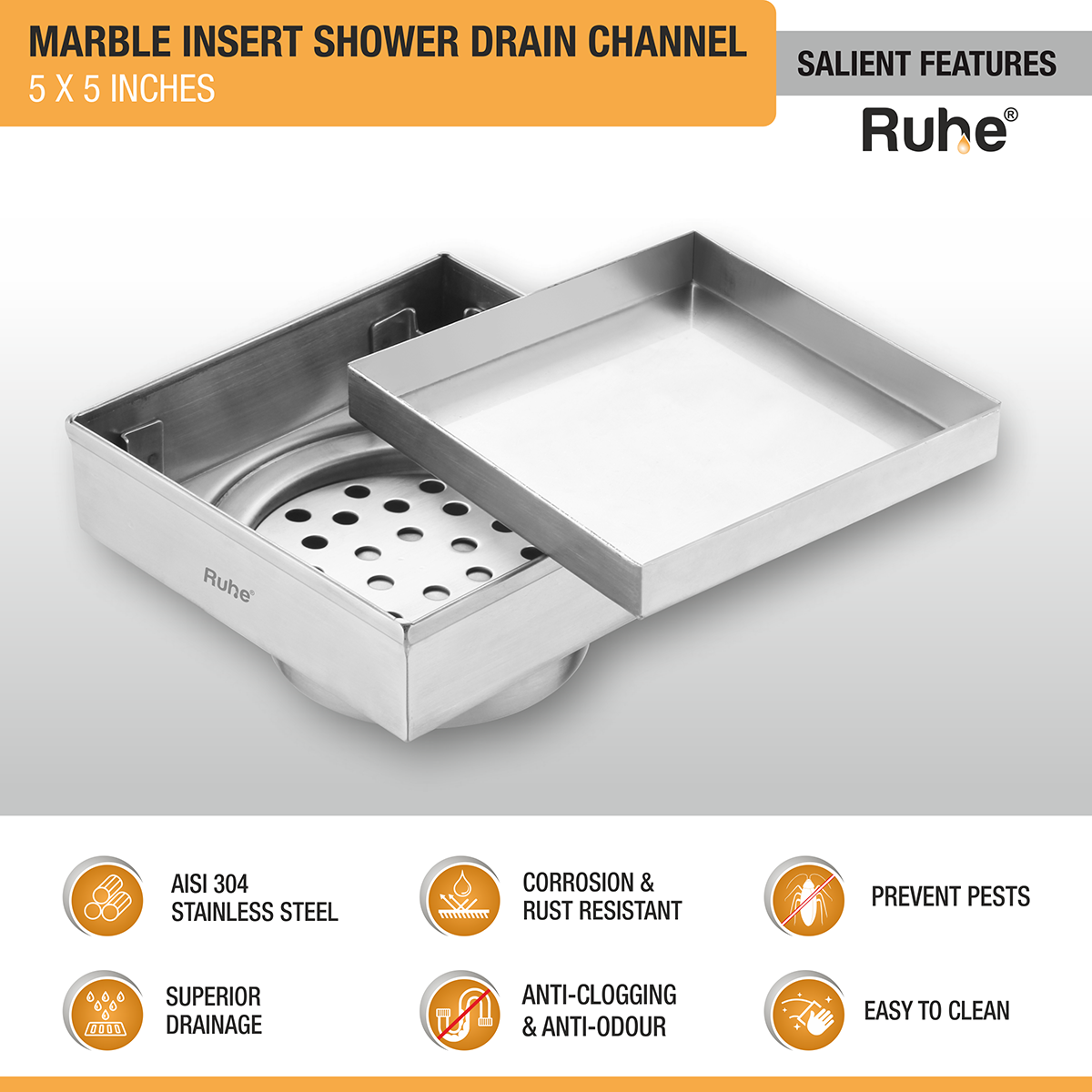 Marble Insert Shower Drain Channel (5 x 5 Inches) with Cockroach Trap (304 Grade) - by Ruhe®