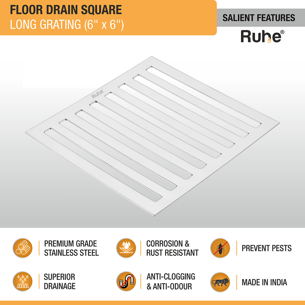 Long Grating Floor Drain (6 x 6 inches) - by Ruhe®