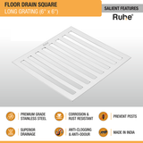 Long Grating Floor Drain (6 x 6 inches) features