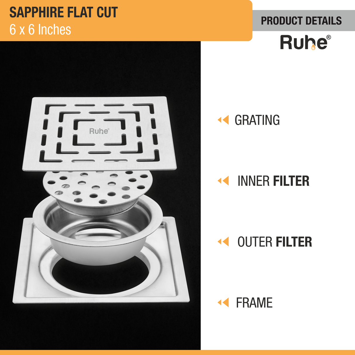 Sapphire Square Flat Cut 304-Grade Floor Drain with Cockroach Trap (6 x 6 Inches) - by Ruhe