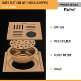 Ruby Square Flat Cut Floor Drain in Antique Copper PVD Coating (6 x 6 Inches) with Hole product details