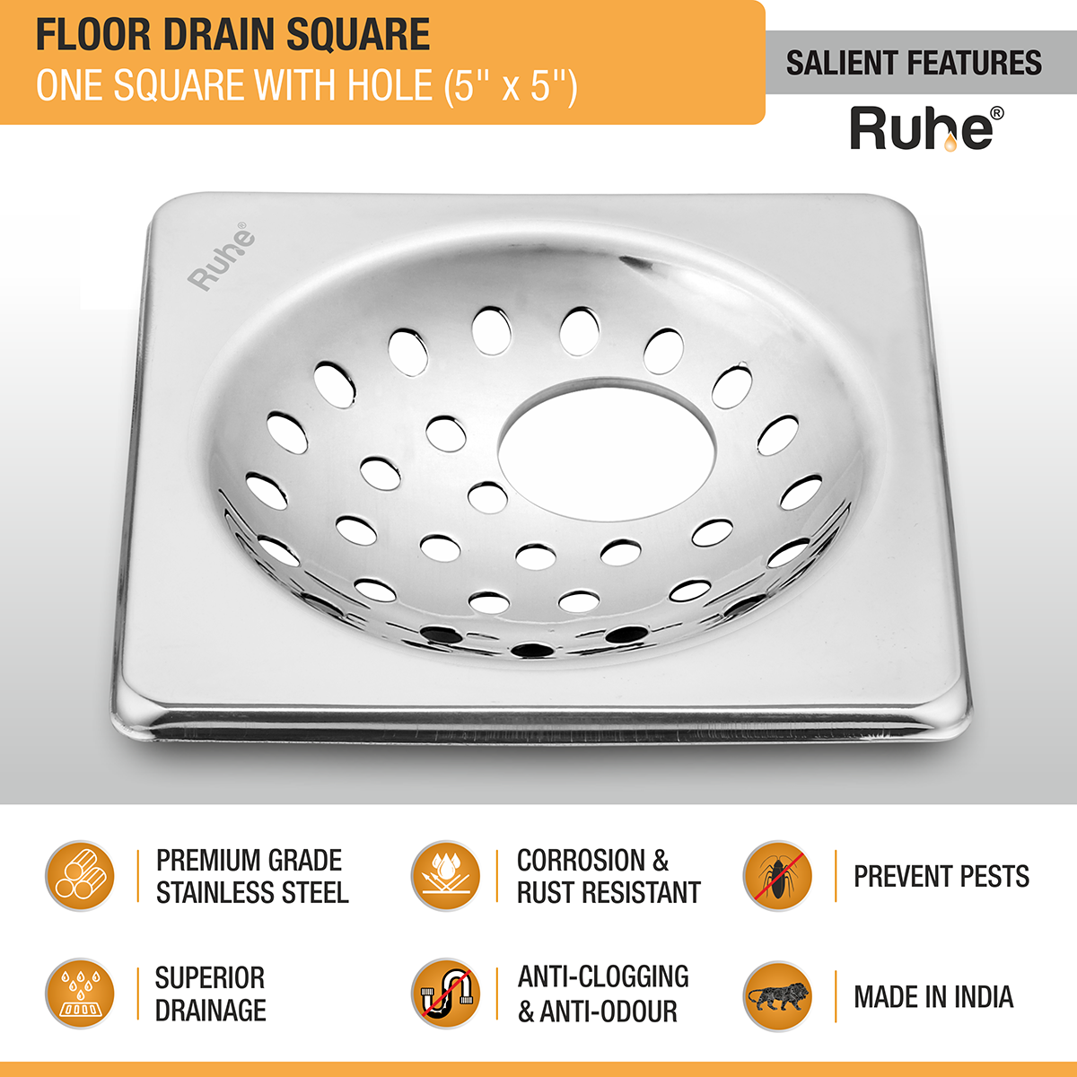 One Square with Collar Floor Drain (5 x 5 inches) with Hole (Pack of 2) - by Ruhe®