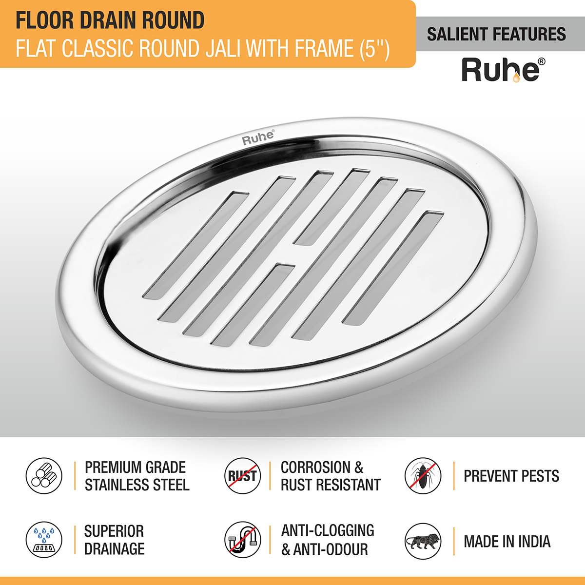 Flat Classic Round Jali Floor Drain (5 inches) with Frame (Pack of 2) - by Ruhe®