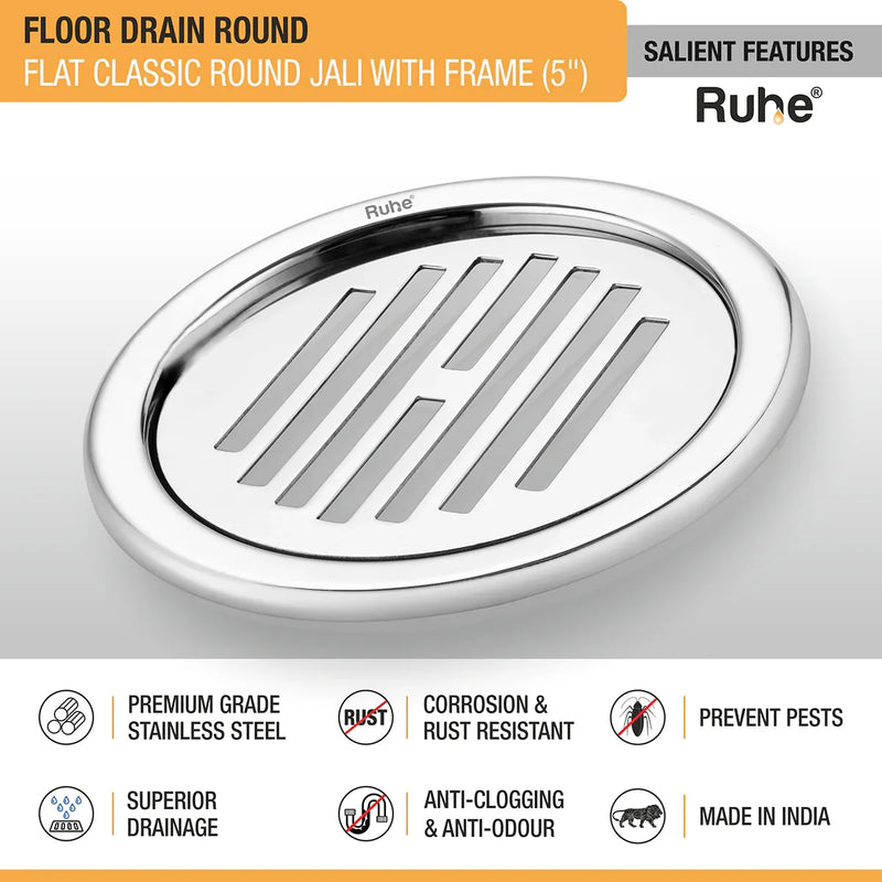 Flat Classic Round Jali Floor Drain (5 inches) with Frame (Pack of 2) - by Ruhe