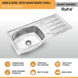 Oval Single Bowl (45 x 20 x 9 inches) Premium Stainless Steel Kitchen Sink with Drainboard features and benefits