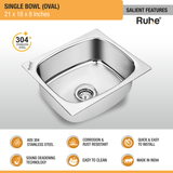 Oval Single Bowl (21 x 18 x 8 inches) 304-Grade Kitchen Sink features and benefits