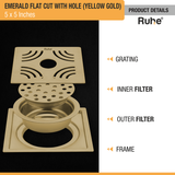 Emerald Square Flat Cut Floor Drain in Yellow Gold PVD Coating (5 x 5 Inches) with Hole product details