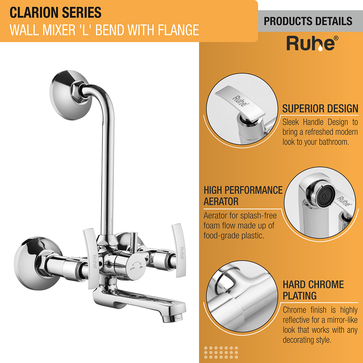Clarion Wall Mixer Brass Faucet with L Bend product details