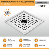 Sapphire Square Flat Cut 304-Grade Floor Drain with Hole (6 x 6 Inches) features and benefits