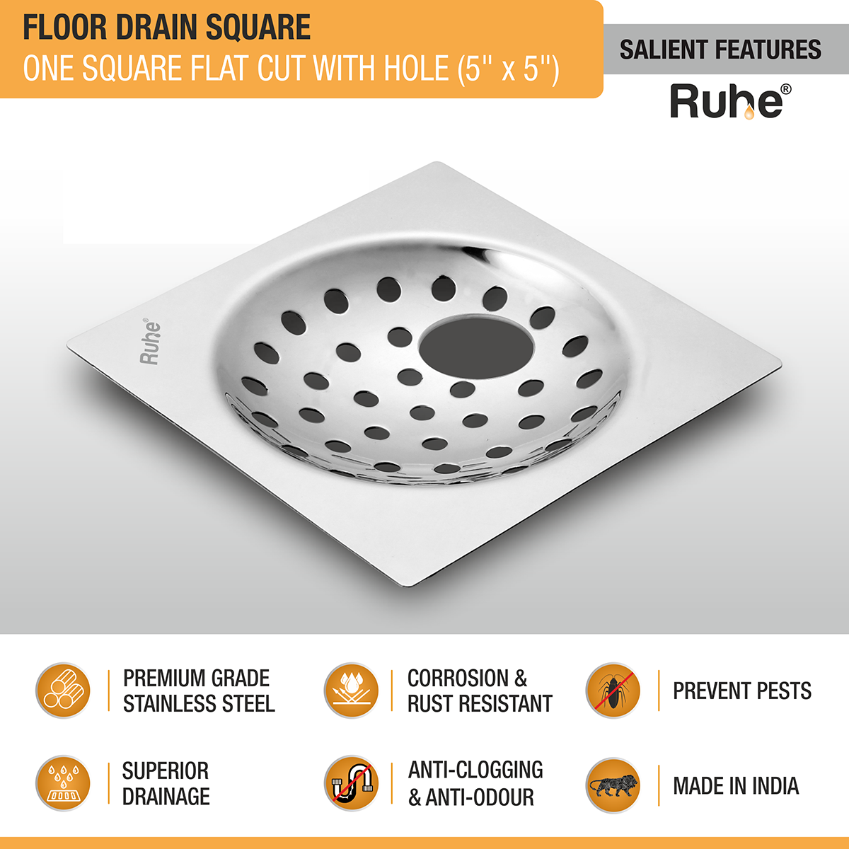 One Square Flat Cut Floor Drain (5 x 5 inches) with Hole - by Ruhe®