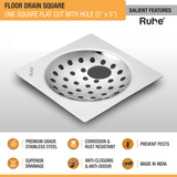 One Square Flat Cut Floor Drain (5 x 5 inches) with Hole features