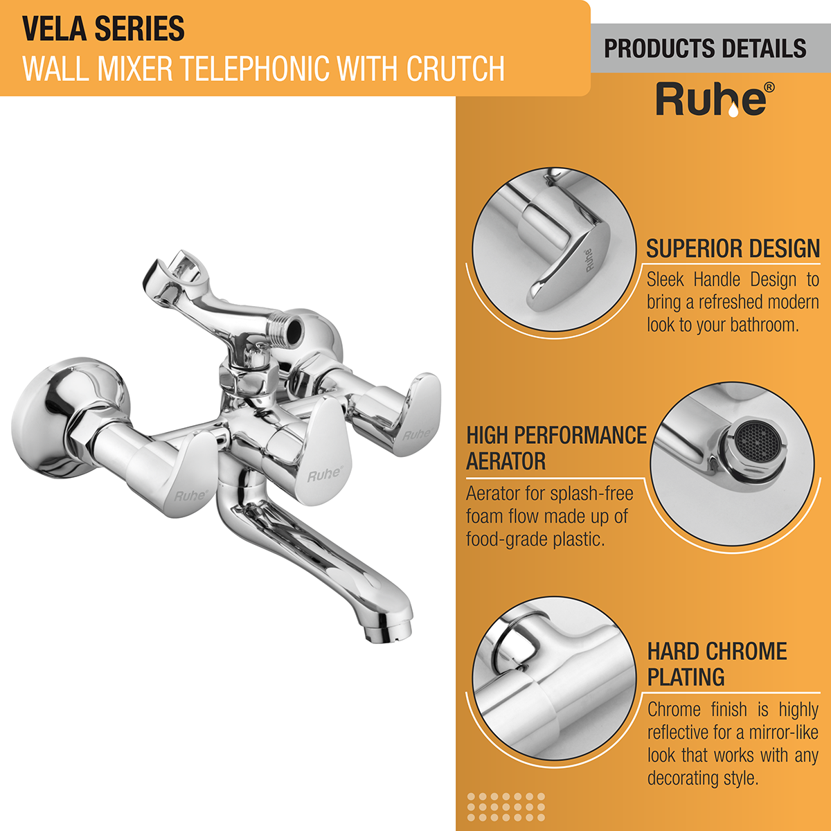 Vela Telephonic Wall Mixer Brass Faucet (with Crutch) - by Ruhe®