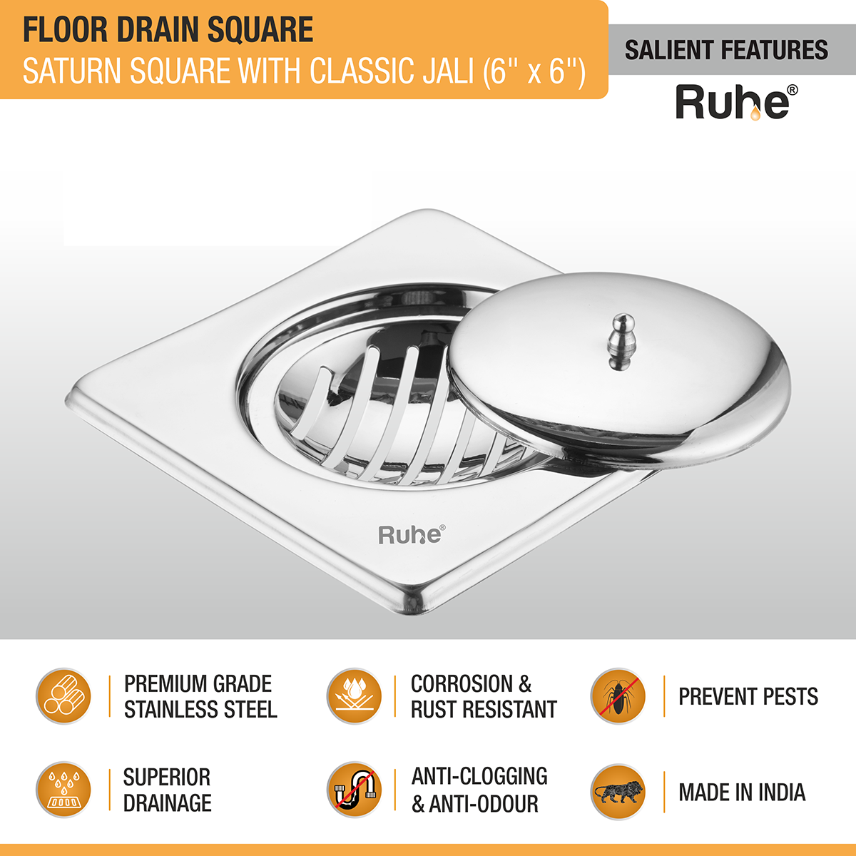 Saturn Classic Jali Square Floor Drain (6 x 6 Inches) with Lid - by Ruhe®