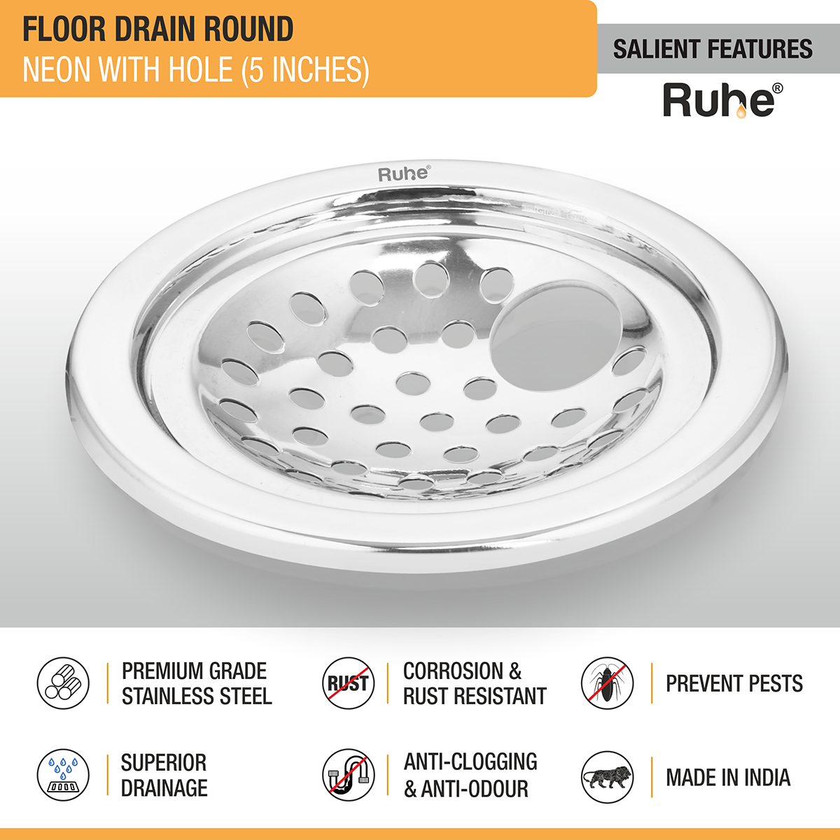 Neon Round with Collar Floor Drain (5 Inches) with Hole (Pack of 2) - by Ruhe®