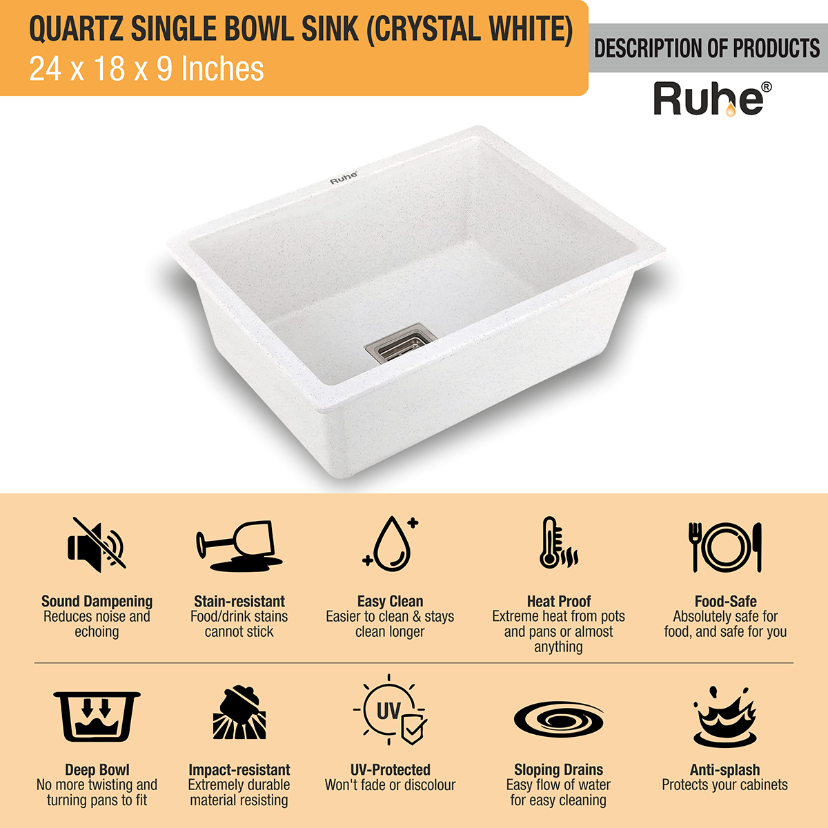 Quartz Single Bowl Crystal White Kitchen Sink (24 x 18 x 9 inches) description of products