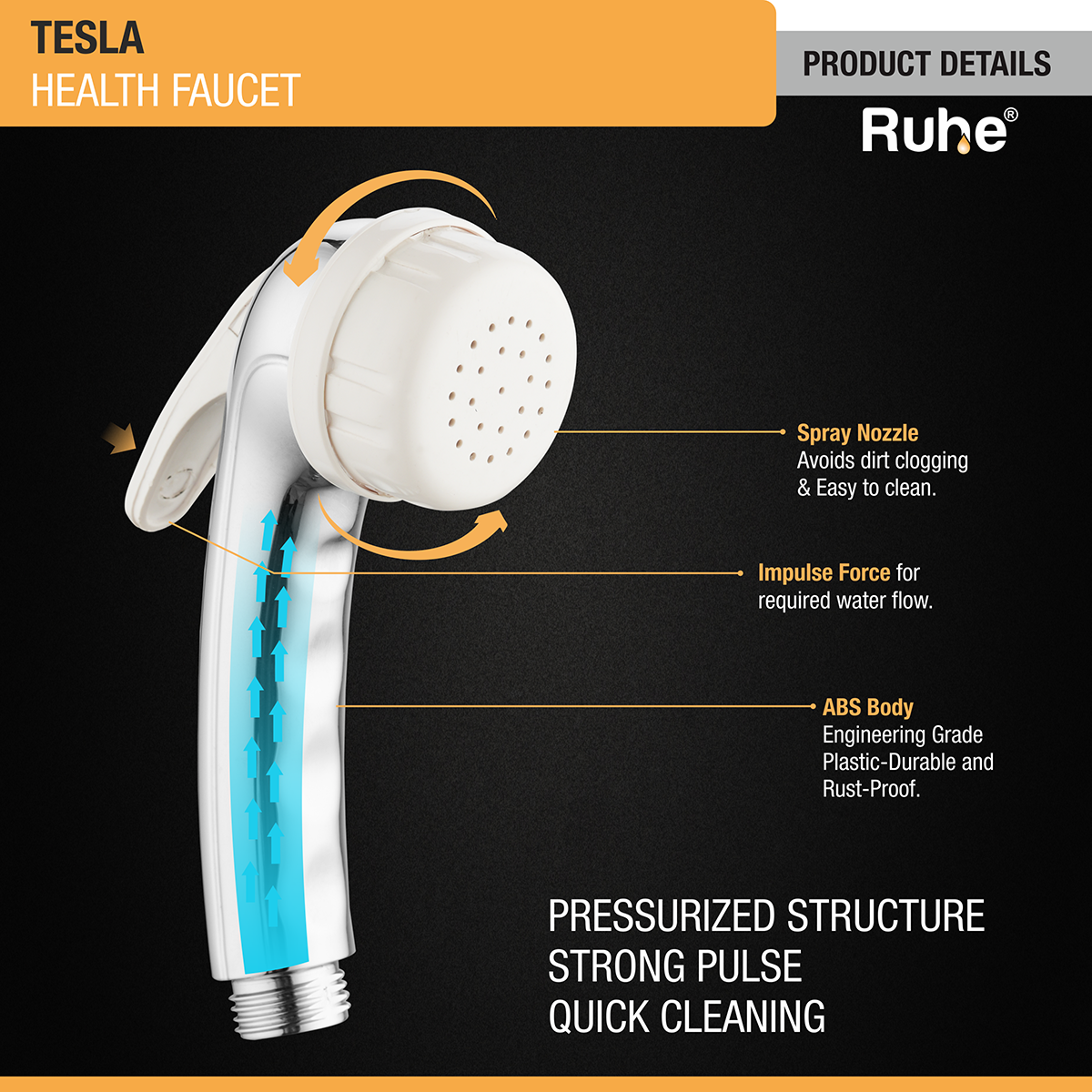 Tesla Health Faucet with Braided 1 Meter Flexible Hose (304 Grade) and Hook - by Ruhe®