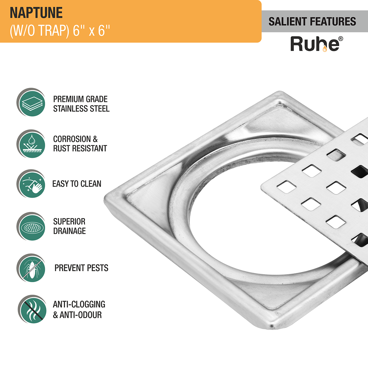 Naptune Square Floor Drain (6 x 6 Inches) -  by Ruhe®