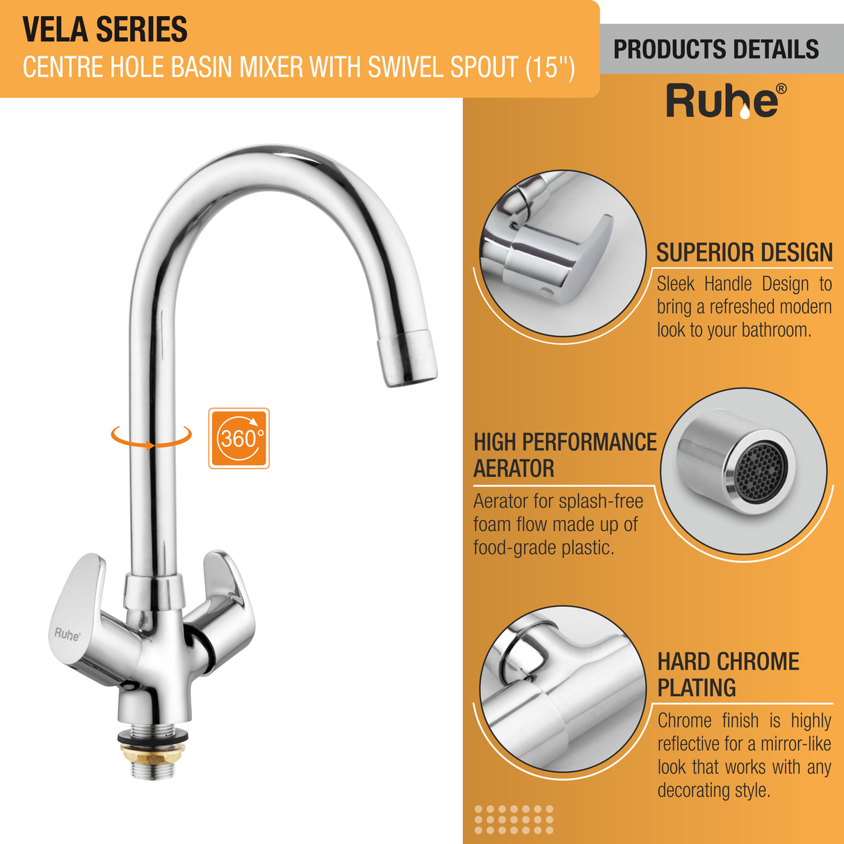 Vela Centre Hole Basin Mixer with Medium (15 inches) Round Swivel Spout Faucet details