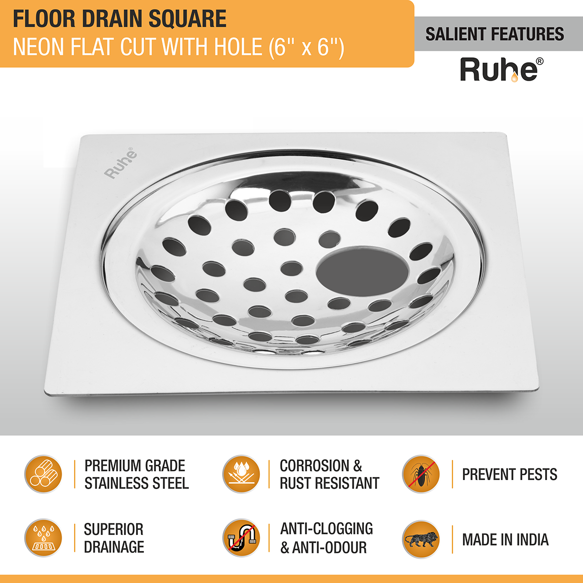 Square Neon Floor Drain Flat Cut (6 x 6 inches) with Hole - by Ruhe®