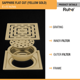Sapphire Square Flat Cut Floor Drain in Yellow Gold PVD Coating (6 x 6 Inches) product details