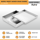 Marble Insert Shower Drain Channel (8 x 8 Inches) with Cockroach Trap (304 Grade) features