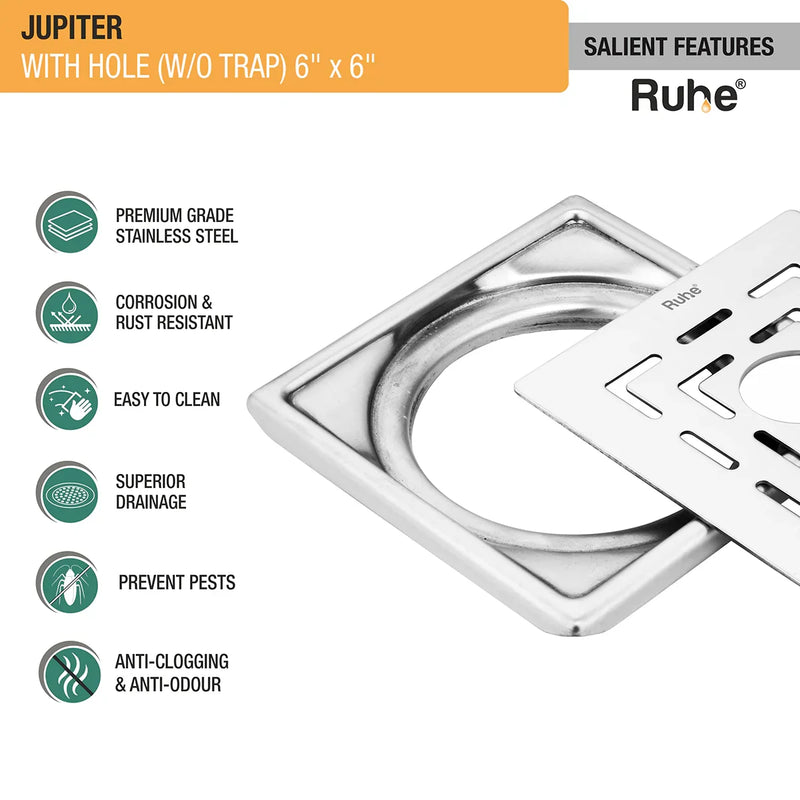 Jupiter Square Premium Floor Drain (6 x 6 Inches) with Hole - by Ruhe