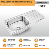 Oval Single Bowl (42 x 20 x 9 inches) Premium Stainless Steel Kitchen Sink with Drainboard features and benefits