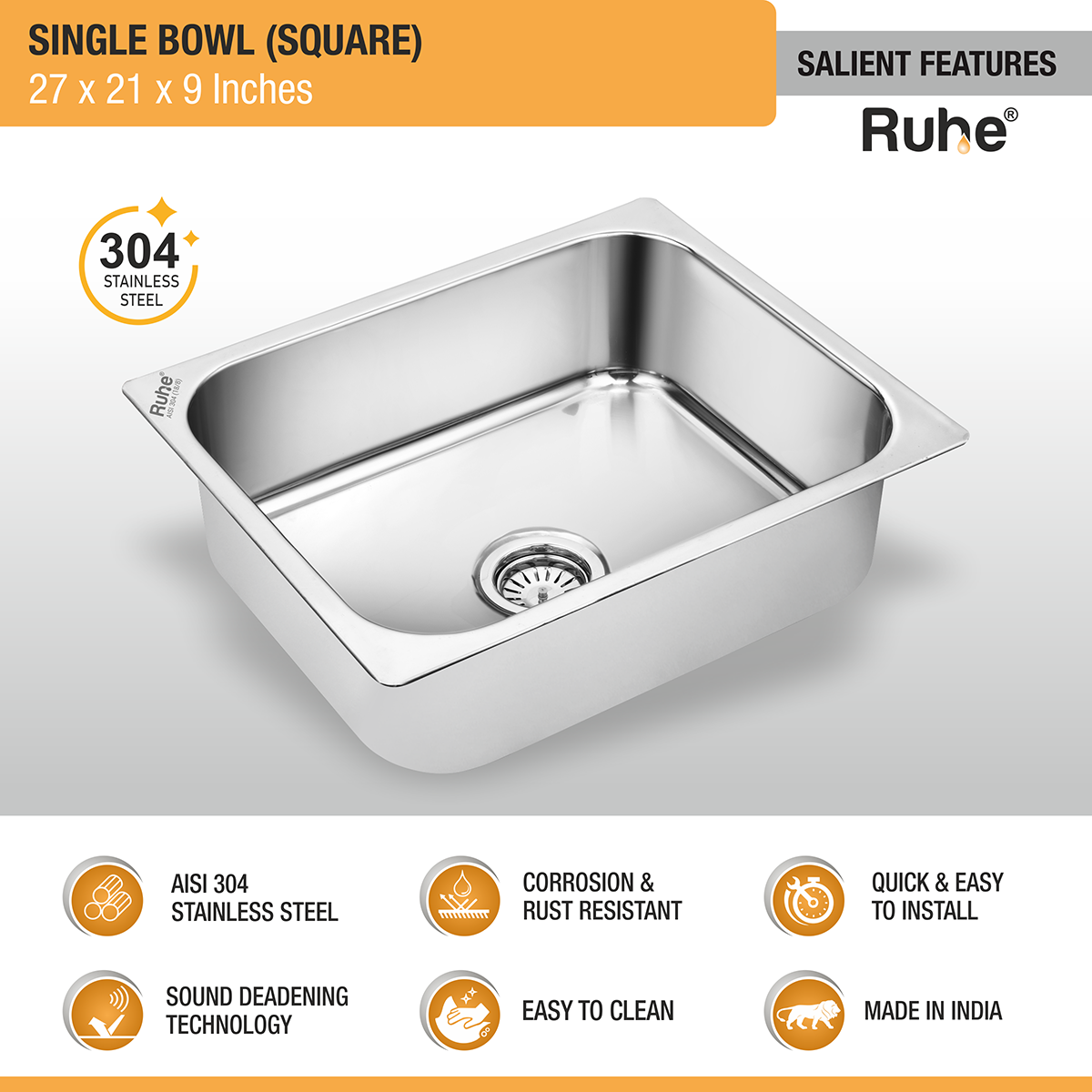 Square Single Bowl 304-Grade Kitchen Sink (27 x 21 x 9 inches)– by Ruhe