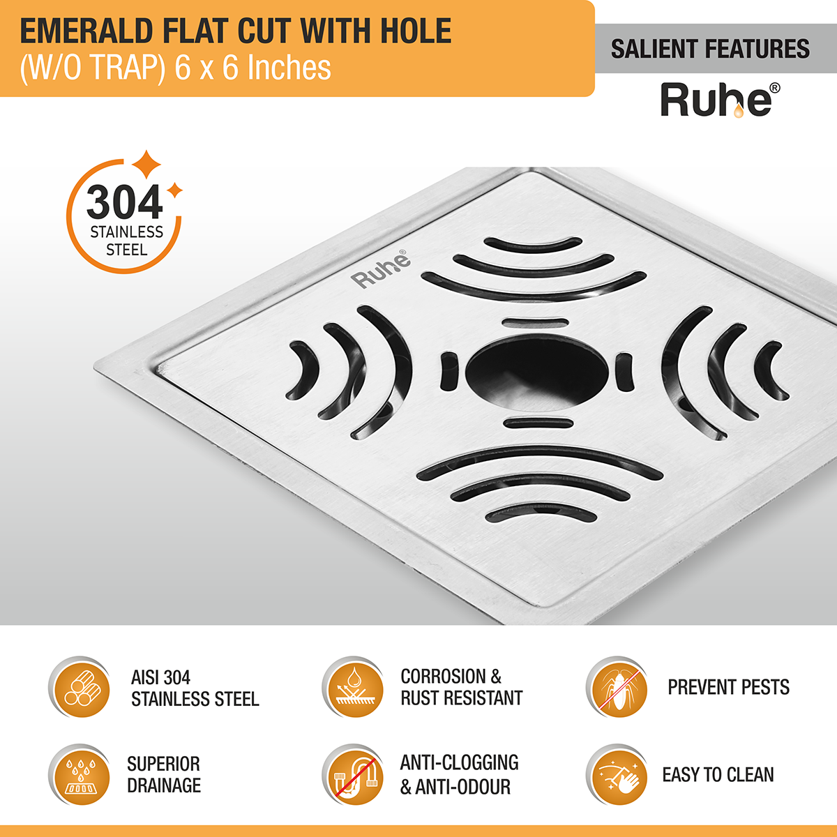 Emerald Square Flat Cut 304-Grade Floor Drain with Hole (6 x 6 Inches) - by Ruhe®