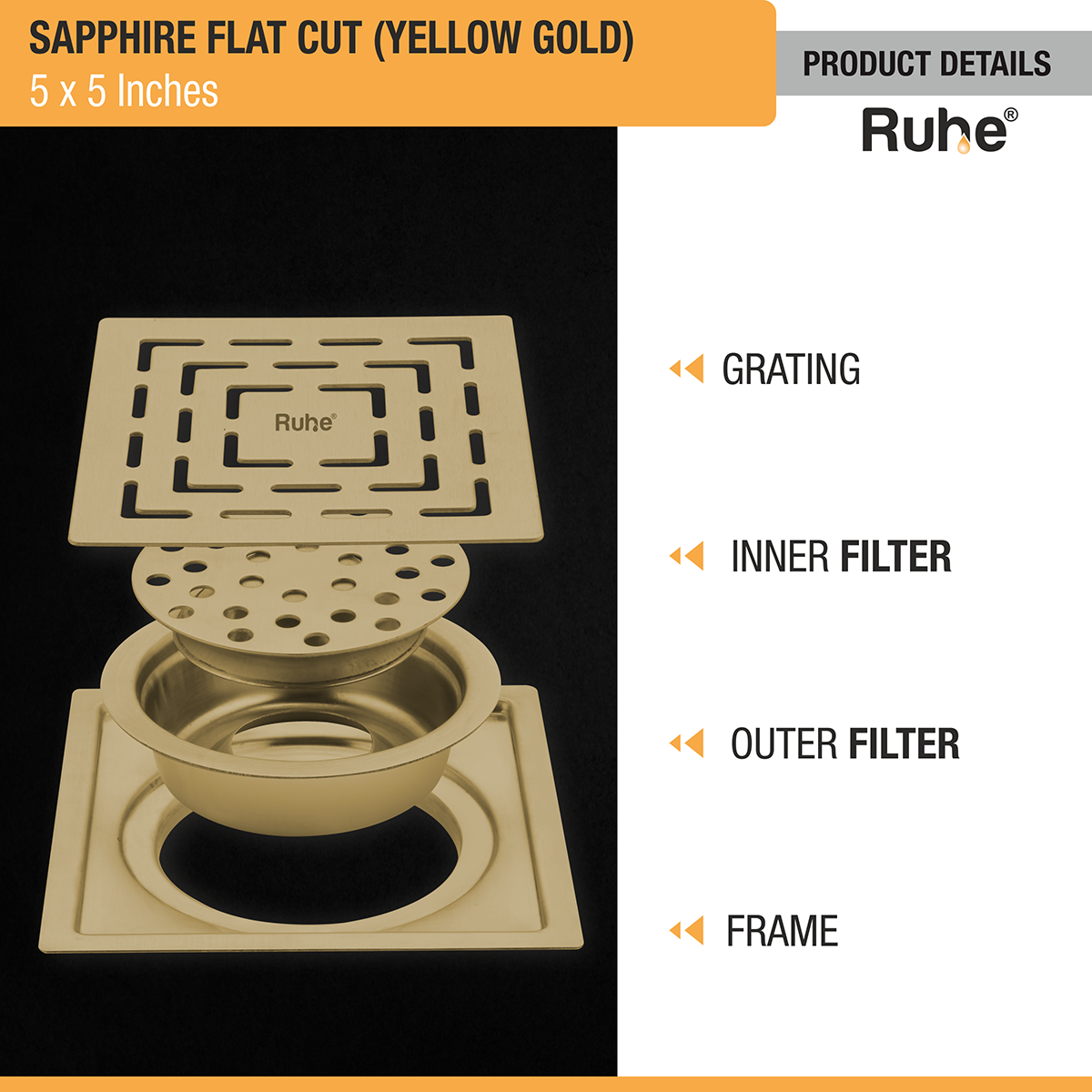 Sapphire Square Flat Cut Floor Drain in Yellow Gold PVD Coating (5 x 5 Inches) product details